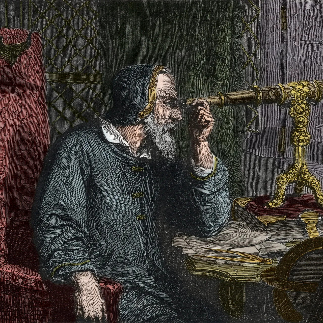 An engraved illustration of a scholar looking through a telescope